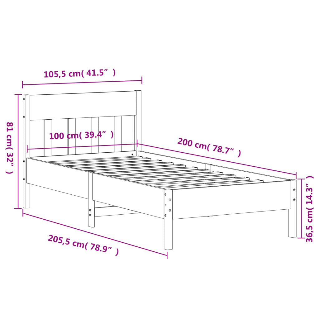 Sängram utan madrass vit 100x200 cm massiv furu