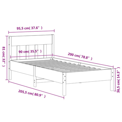 Sängram utan madrass vit 90x200 cm massiv furu