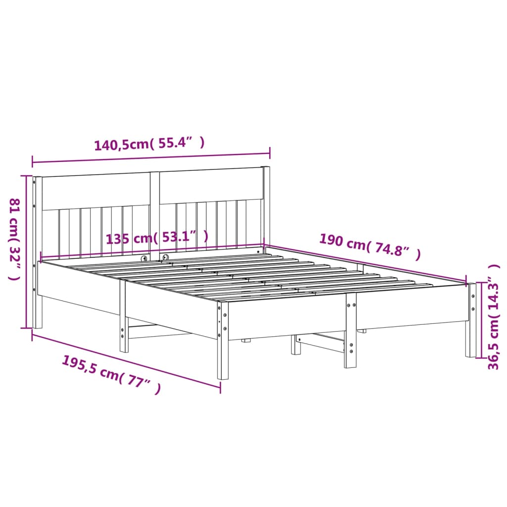 Sängram utan madrass vaxbrun 135x190 cm massiv furu