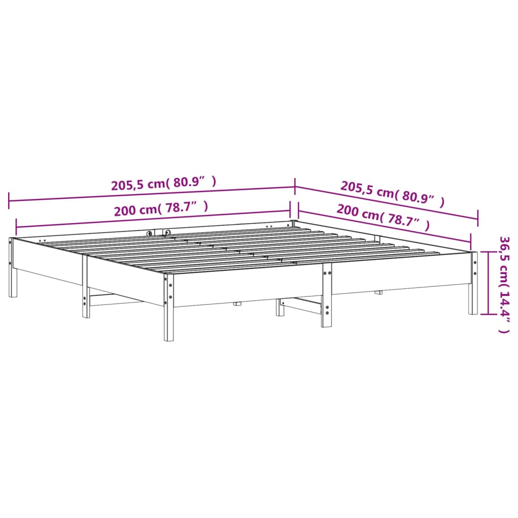 Sängram utan madrass vaxbrun 200x200 cm massiv furu