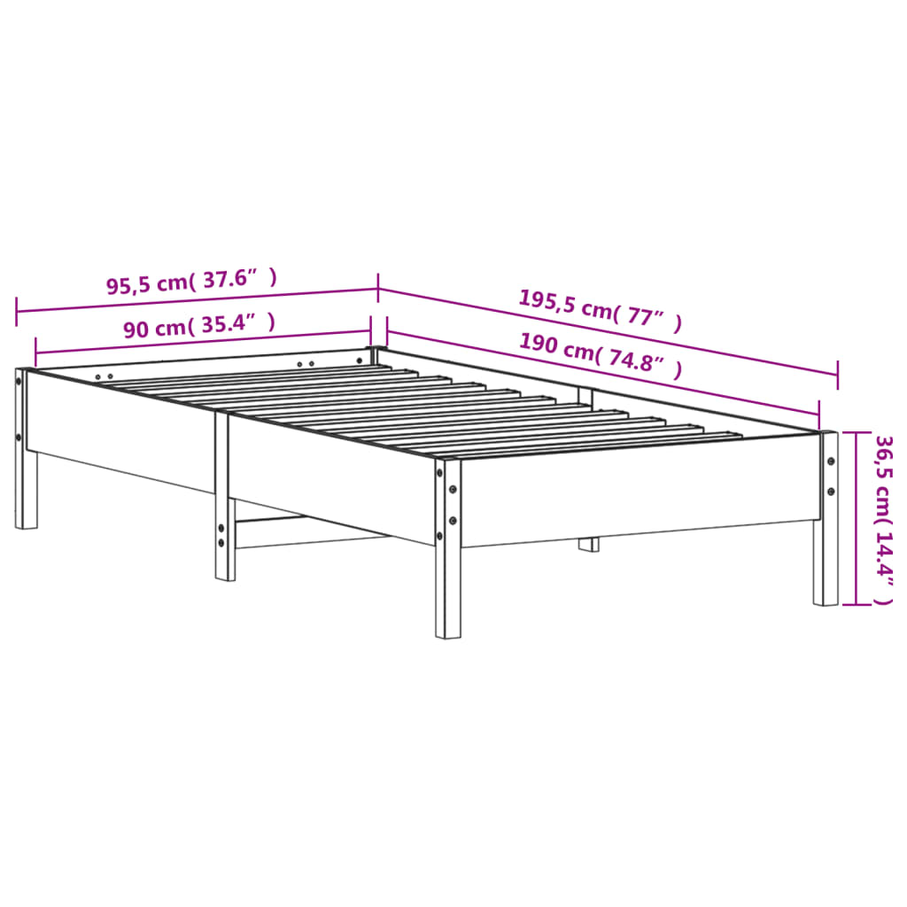 Sängram utan madrass vit 90x190 cm massiv furu