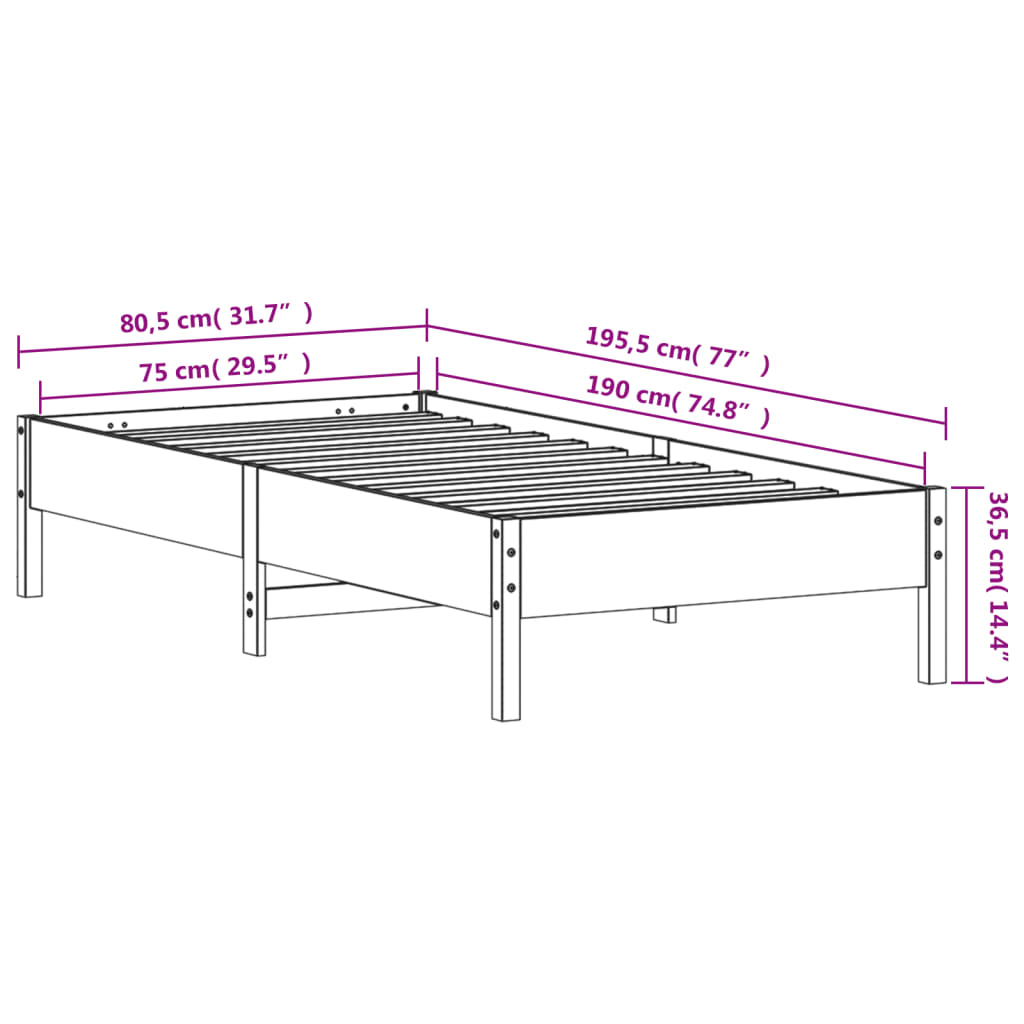 Sängram utan madrass vit 75x190 cm massiv furu