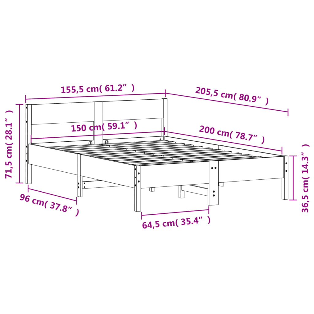 Sängram utan madrass vit 150x200 cm massiv furu