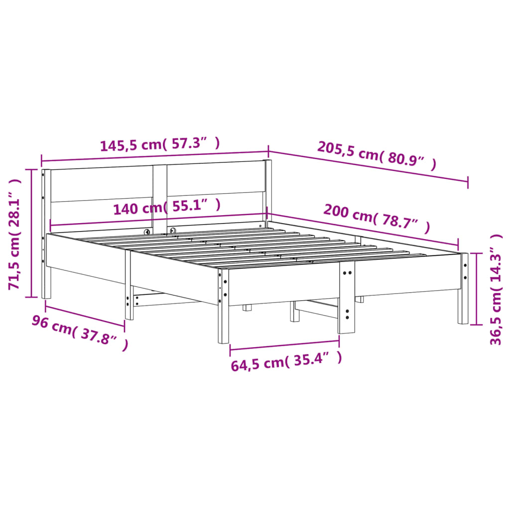 Sängram utan madrass vit 140x200 cm massiv furu