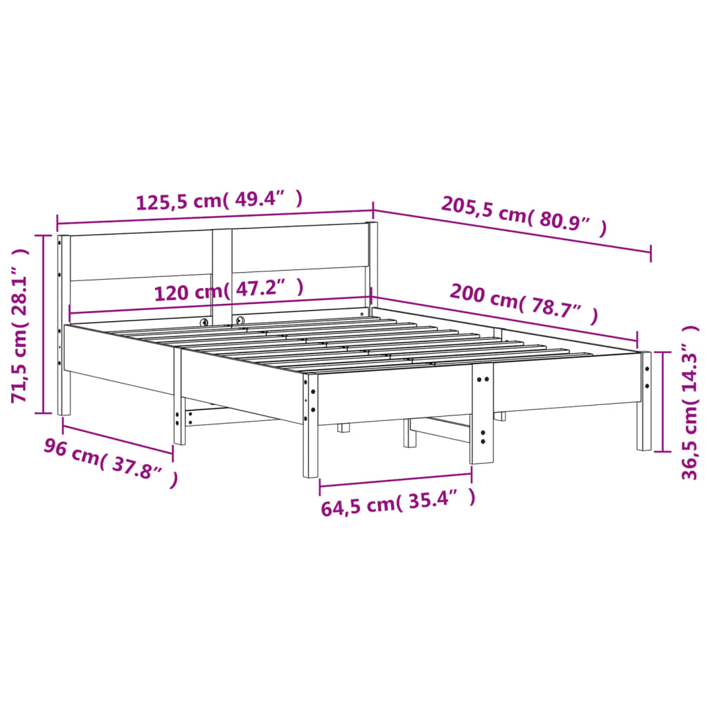 Sängram utan madrass vit 120x200 cm massiv furu