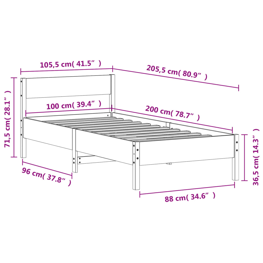 Sängram utan madrass vit 100x200 cm massiv furu