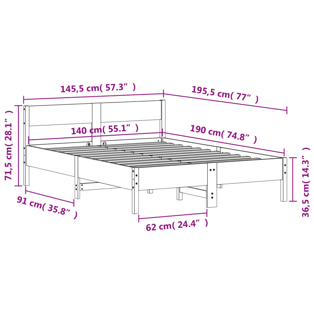 Sängram utan madrass 140x190 cm massiv furu