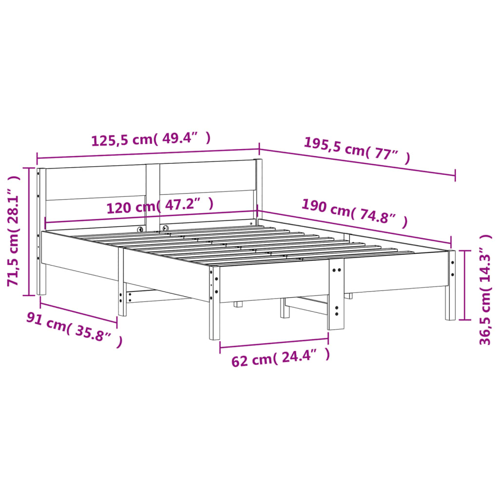 Sängram utan madrass 120x190 cm massiv furu