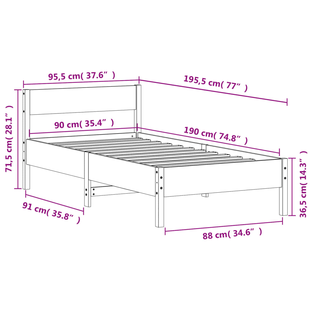 Sängram utan madrass vit 90x190 cm massiv furu