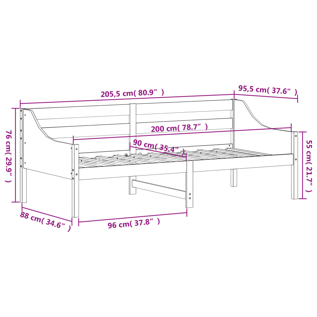 Dagbädd utan madrass vit 90x200 cm massiv furu