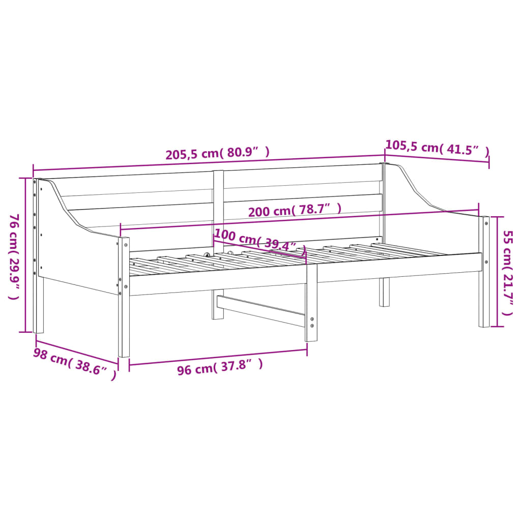 Dagbädd utan madrass 100x200 cm massiv furu