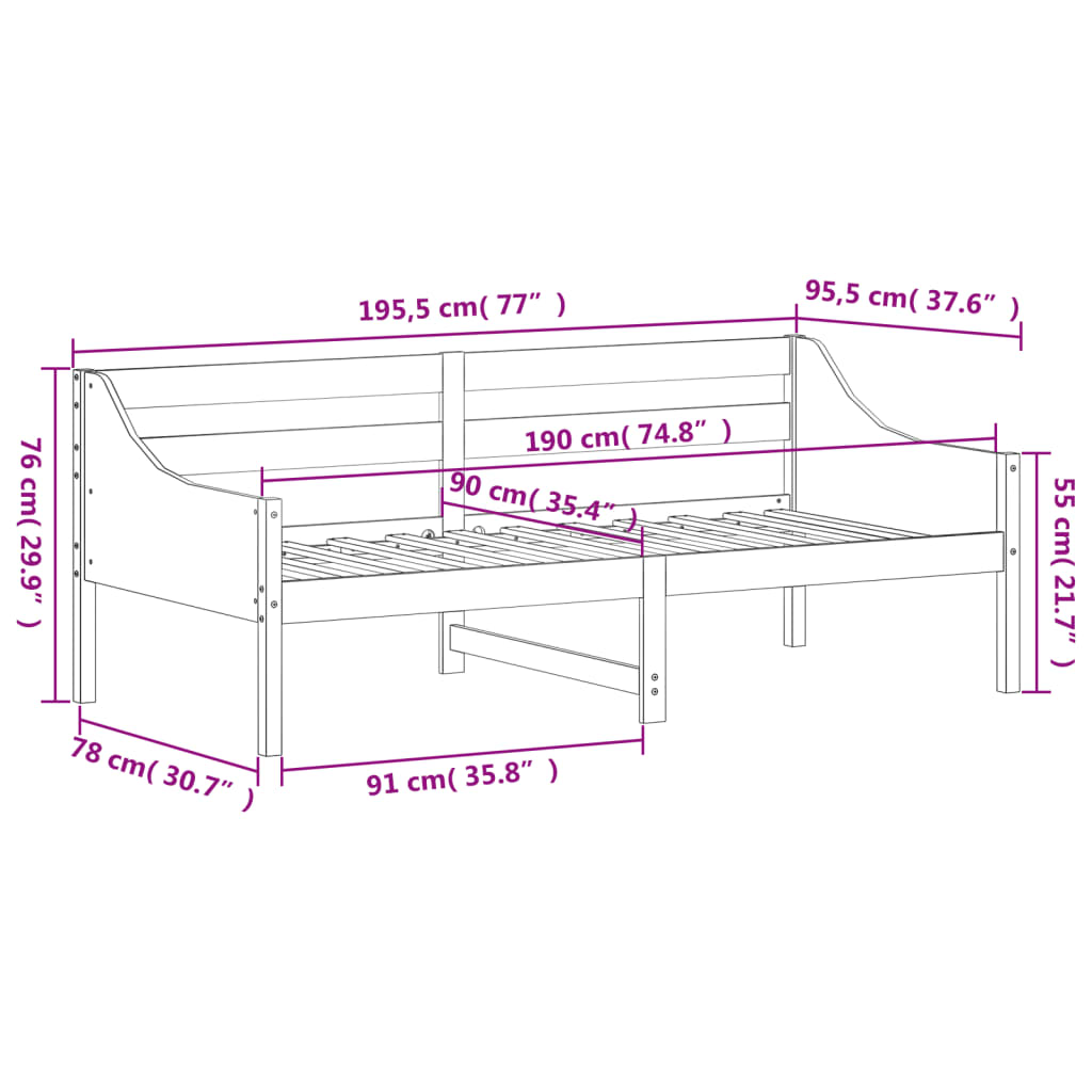 Dagbädd utan madrass 90x190 cm massiv furu