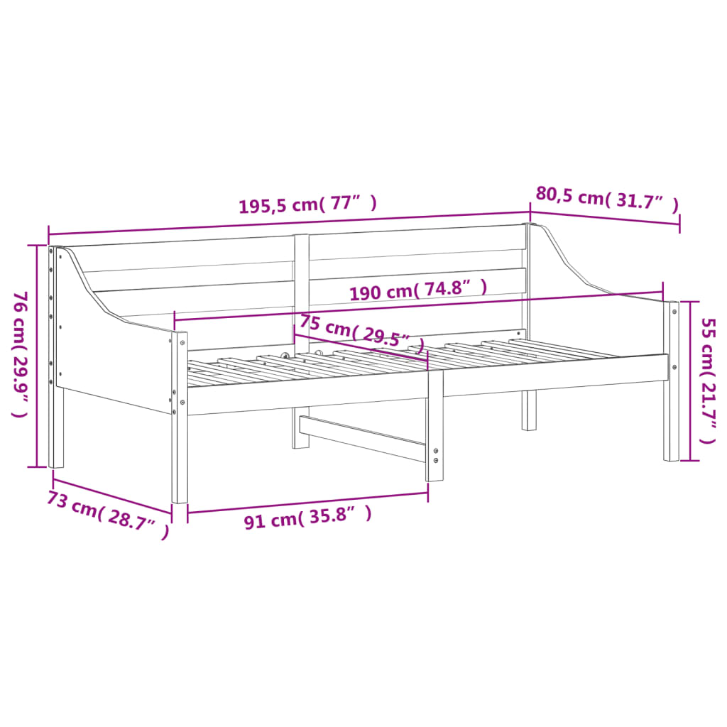 Dagbädd utan madrass 75x190 cm massiv trä furu