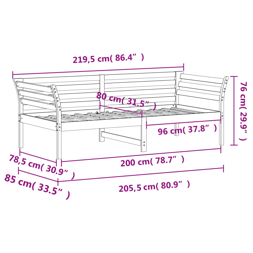 Dagbädd utan madrass 80x200 cm massiv furu