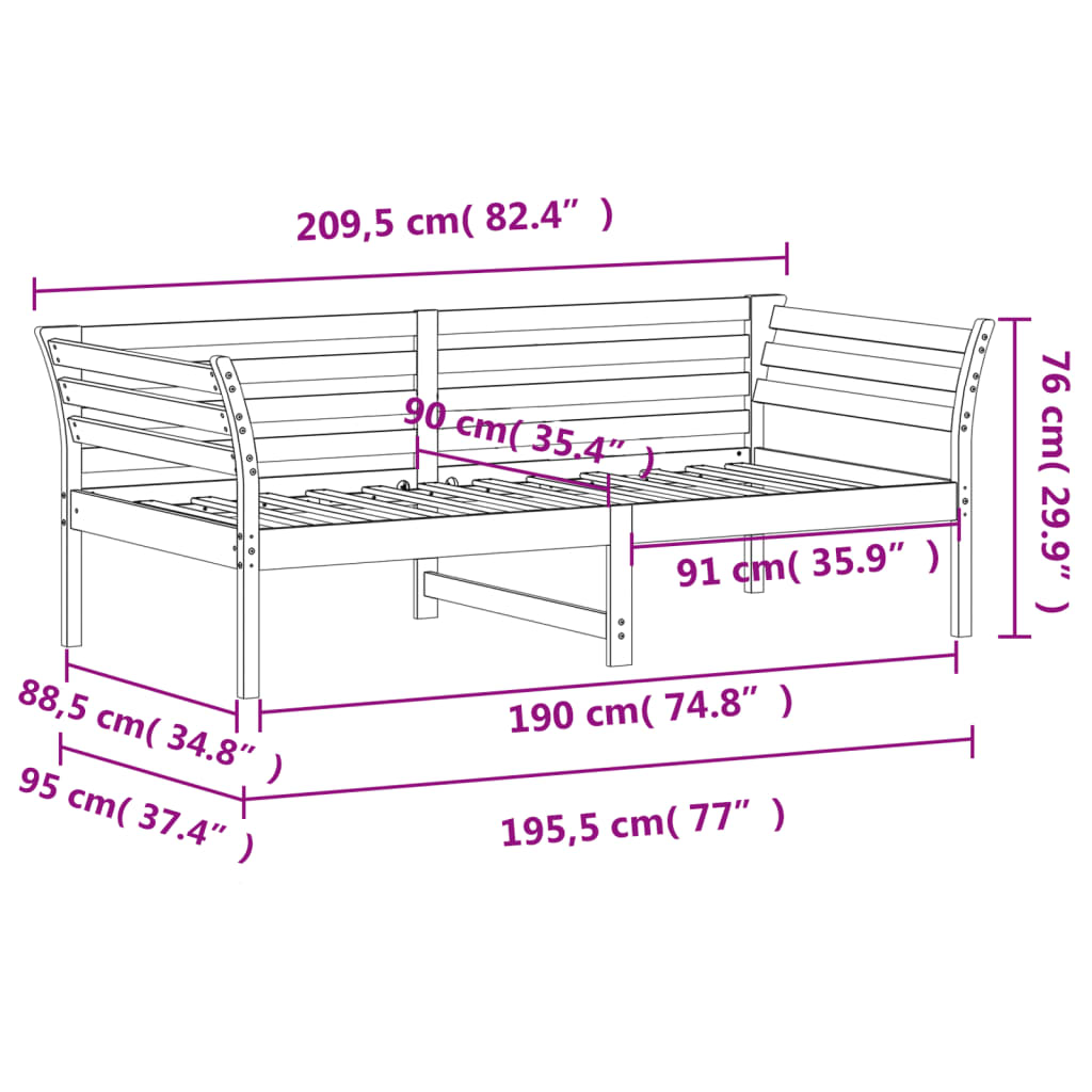 Dagbädd utan madrass 90x190 cm massiv furu