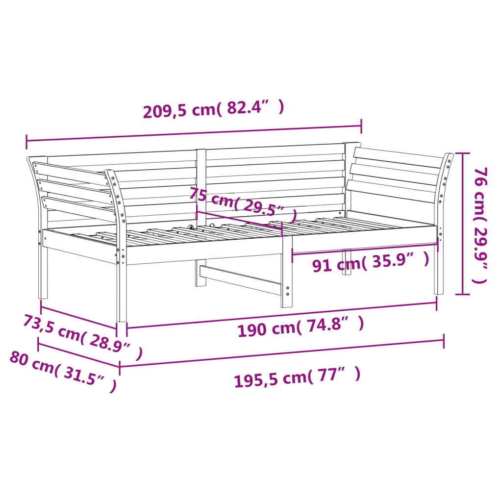 Dagbädd utan madrass 75x190 cm massiv trä furu