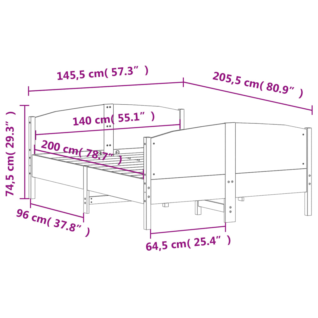 Sängram utan madrass 140x200 cm massiv furu