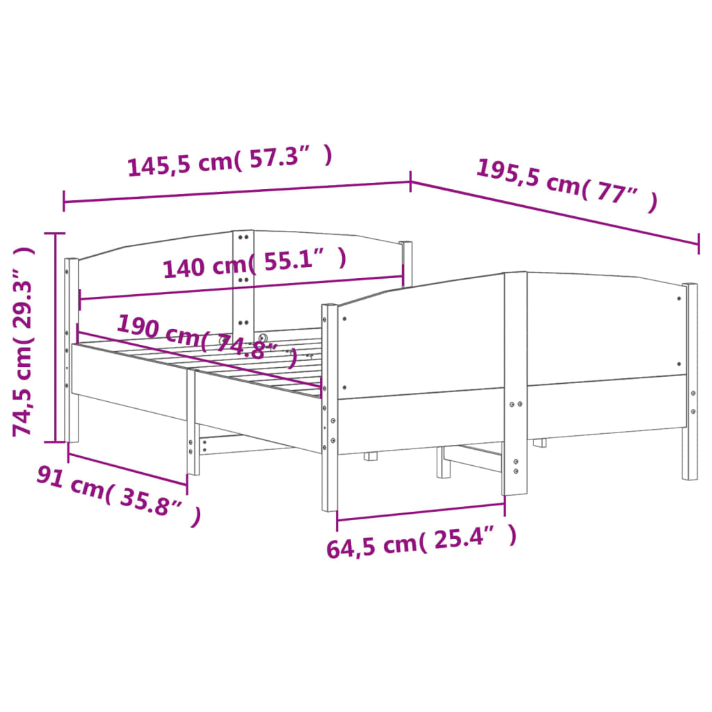 Sängram utan madrass 140x190 cm massiv furu