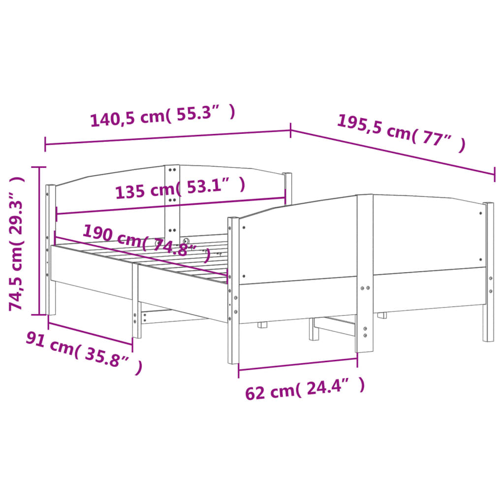 Sängram utan madrass 135x190 cm massiv furu