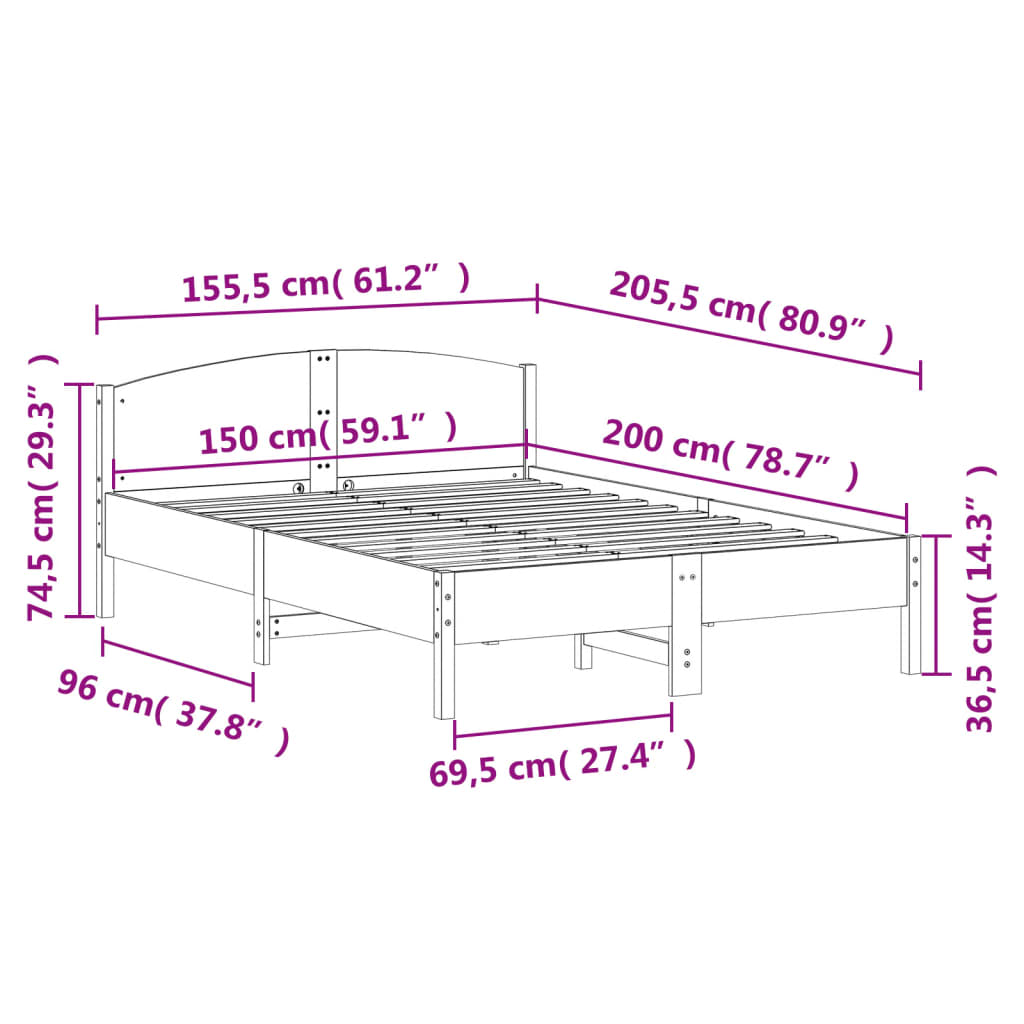 Sängram utan madrass 150x200 cm massiv furu