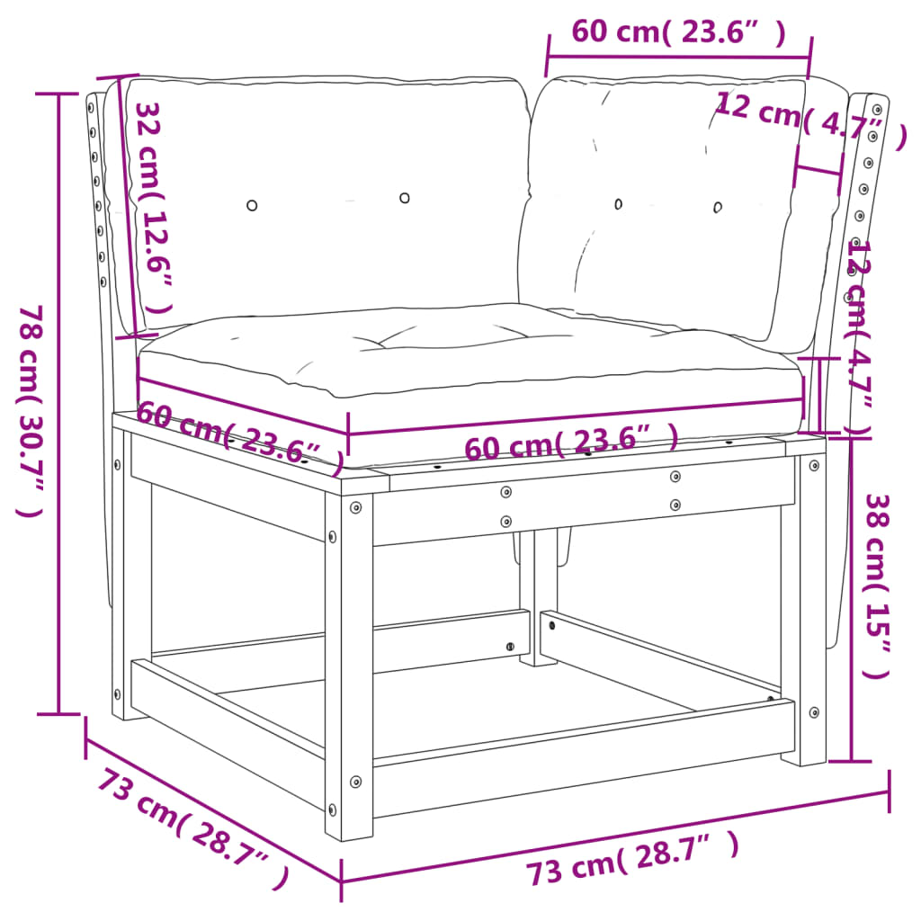 Trädgårdssoffa hörn med dynor 73x73x78 cm massiv furu