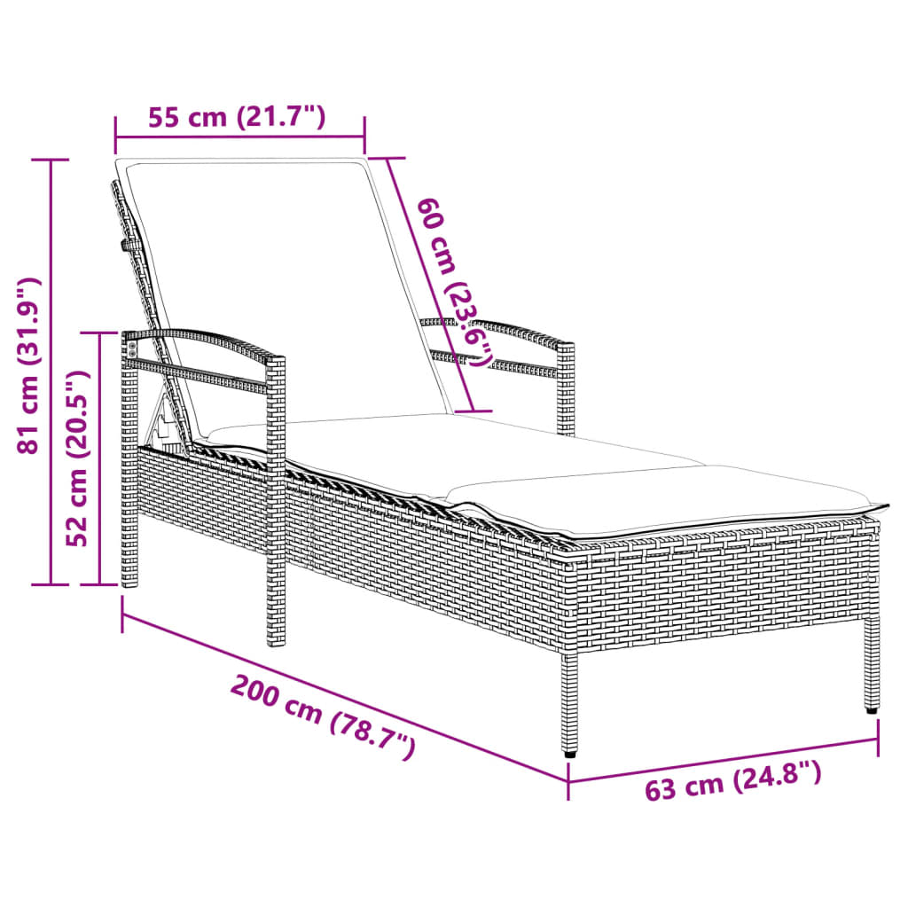 Solsäng med dyna svart 63x200x81 cm konstrotting