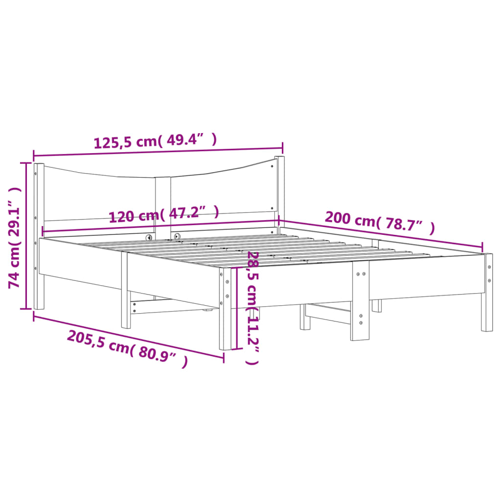 Sängram utan madrass vit 120x200 cm massiv furu