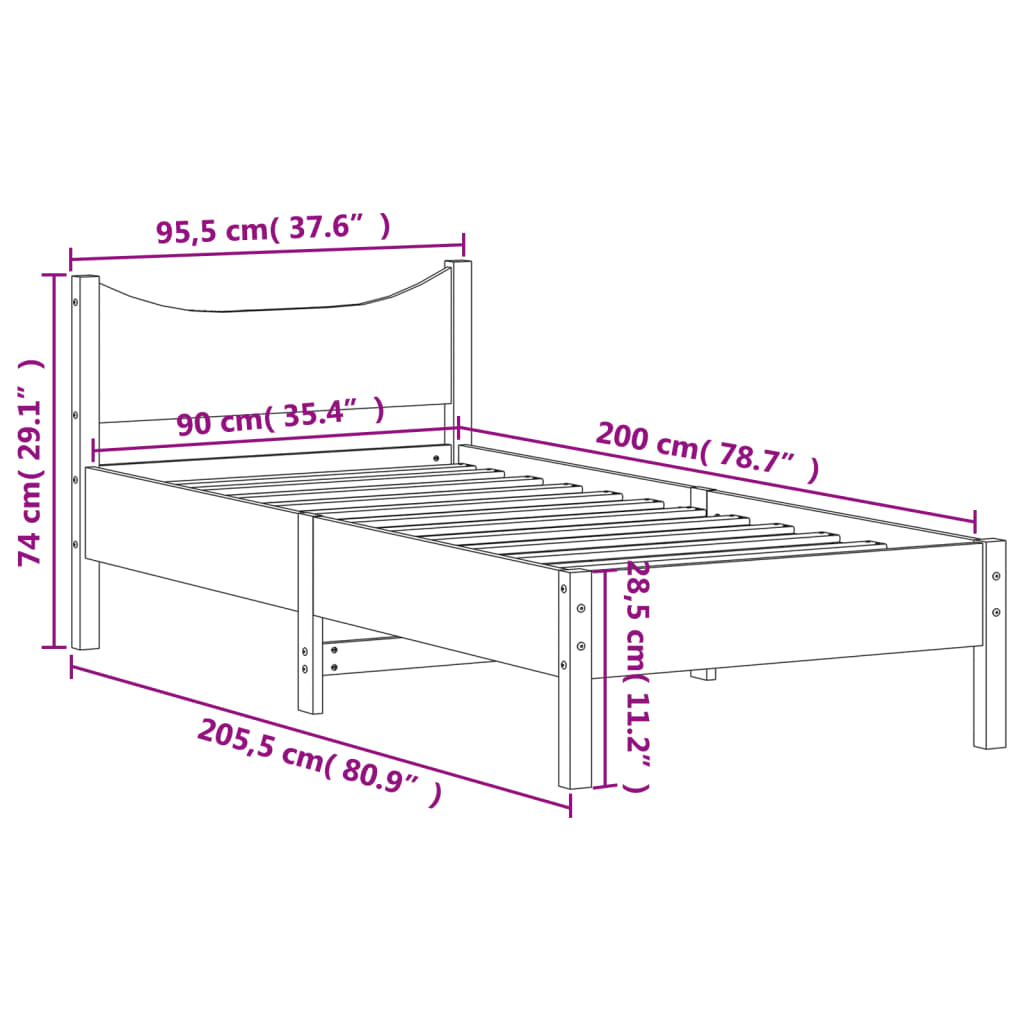 Sängram utan madrass vit 90x200 cm massiv furu