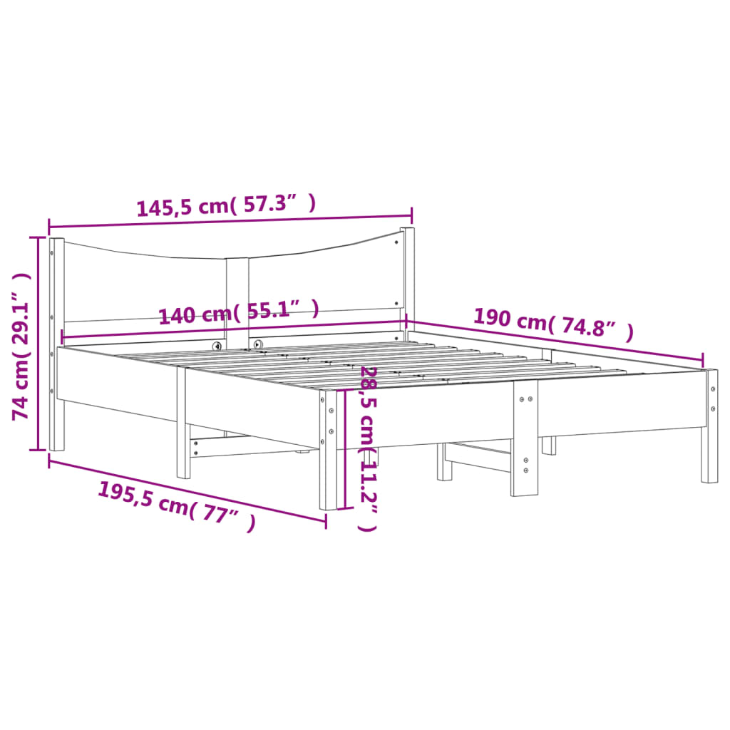 Sängram utan madrass vit 140x190 cm massiv furu