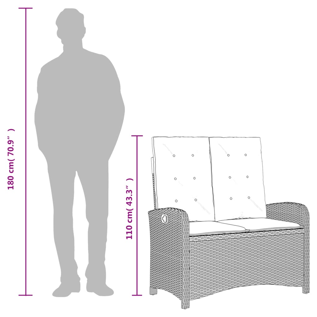 Justerbar trädgårdsbänk med dynor svart konstrotting