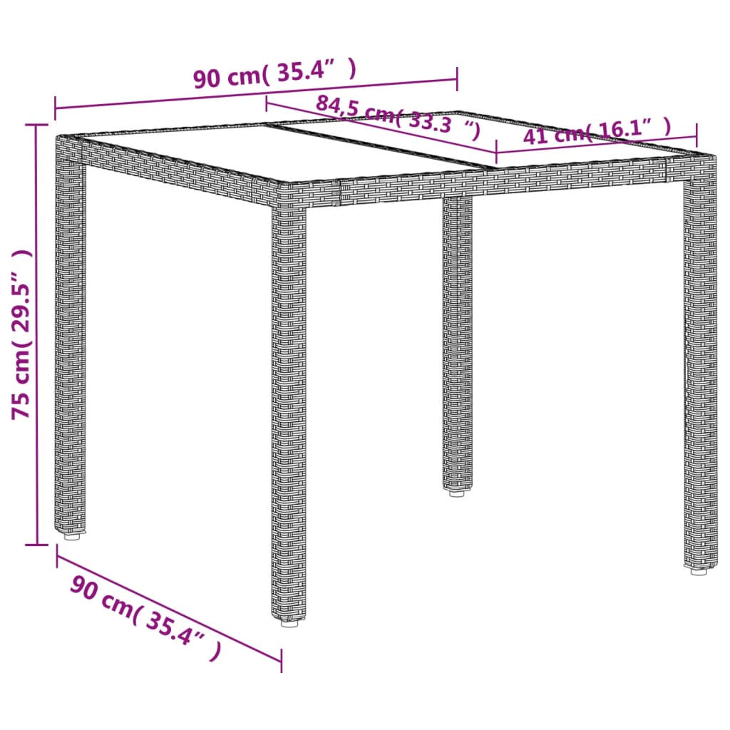 Trädgårdsbord med glasskiva ljusgrå 90x90x75 cm konstrotting