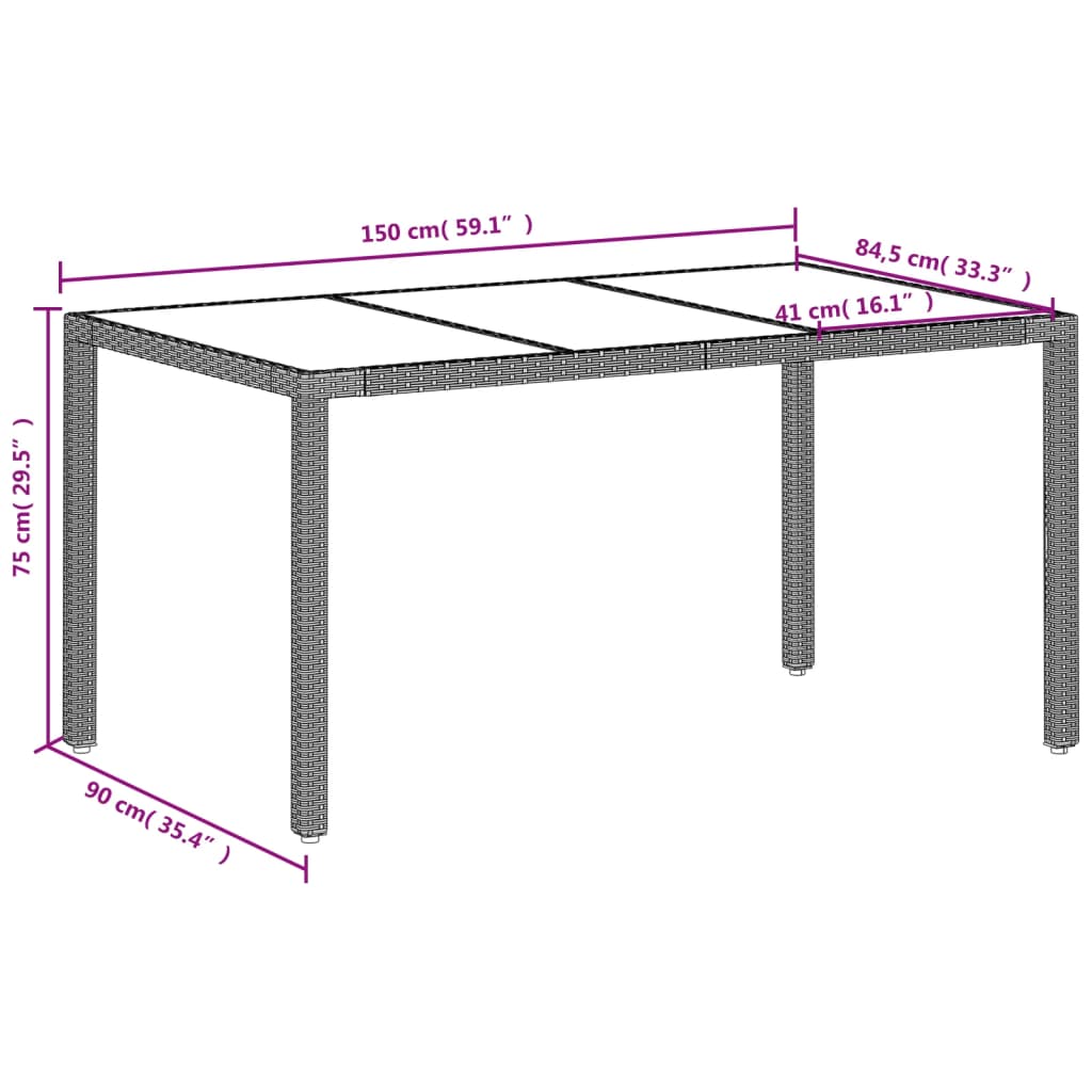 Trädgårdsbord med glasskiva ljusgrå 150x90x75 cm konstrotting