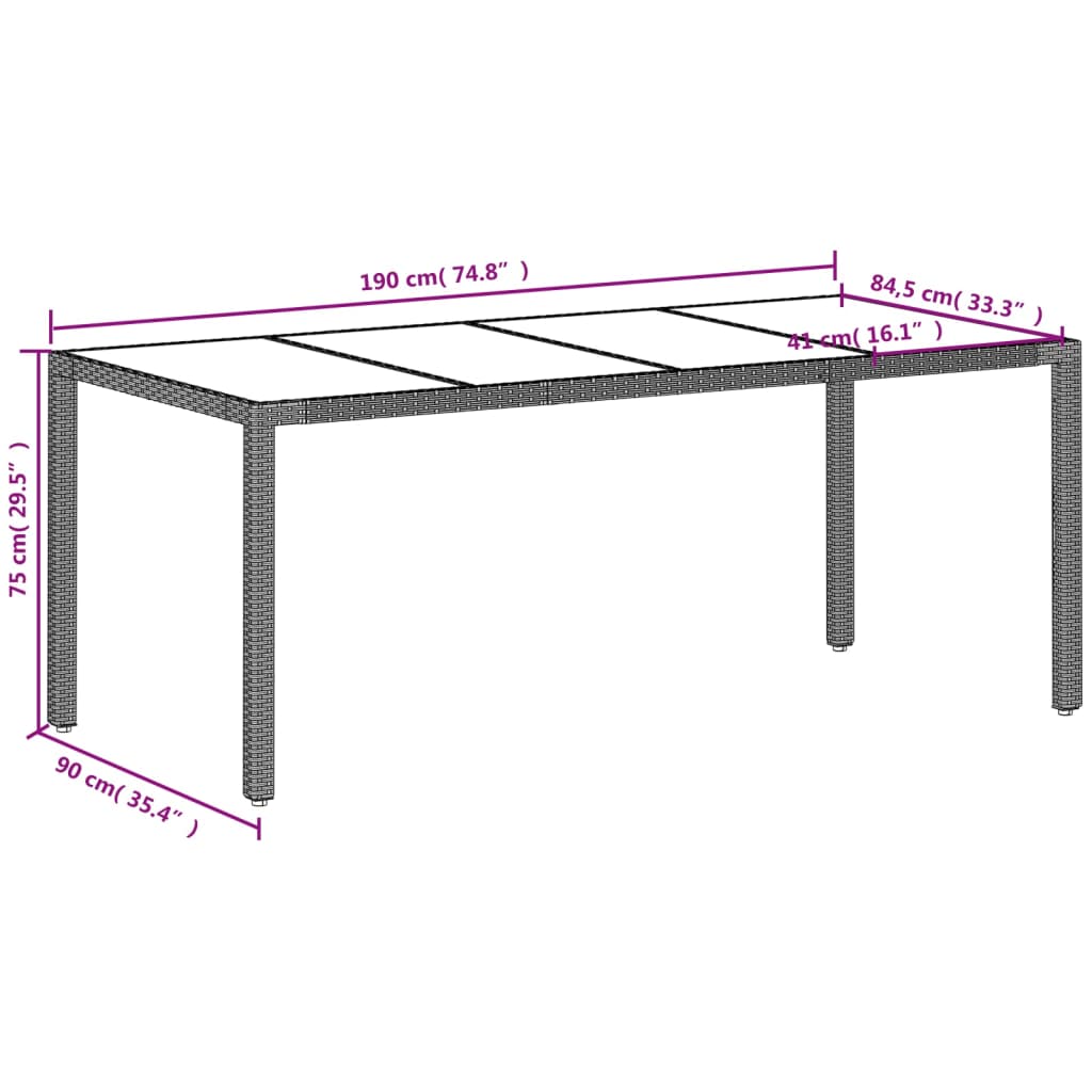 Trädgårdsbord med glasskiva ljusgrå 190x90x75 cm konstrotting