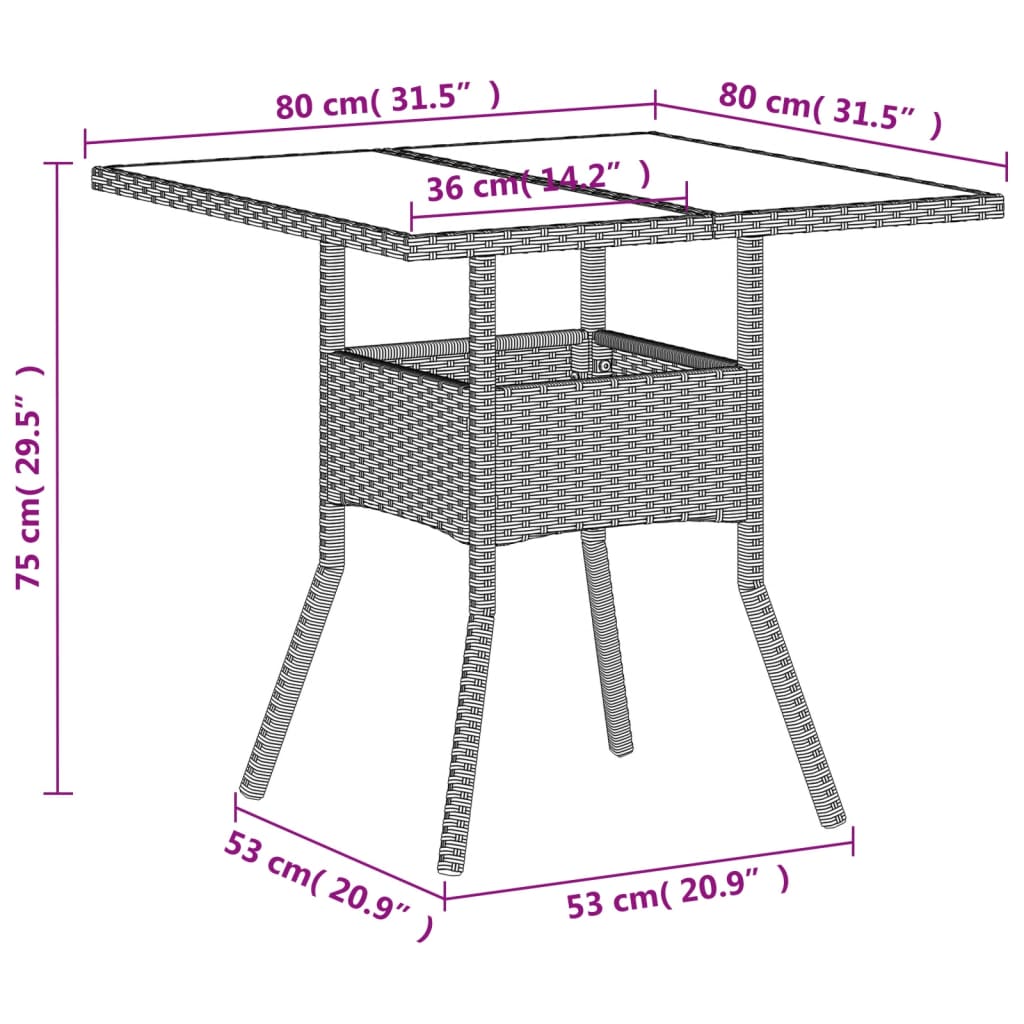 Trädgårdsbord med glasskiva ljusgrå 80x80x75 cm konstrotting