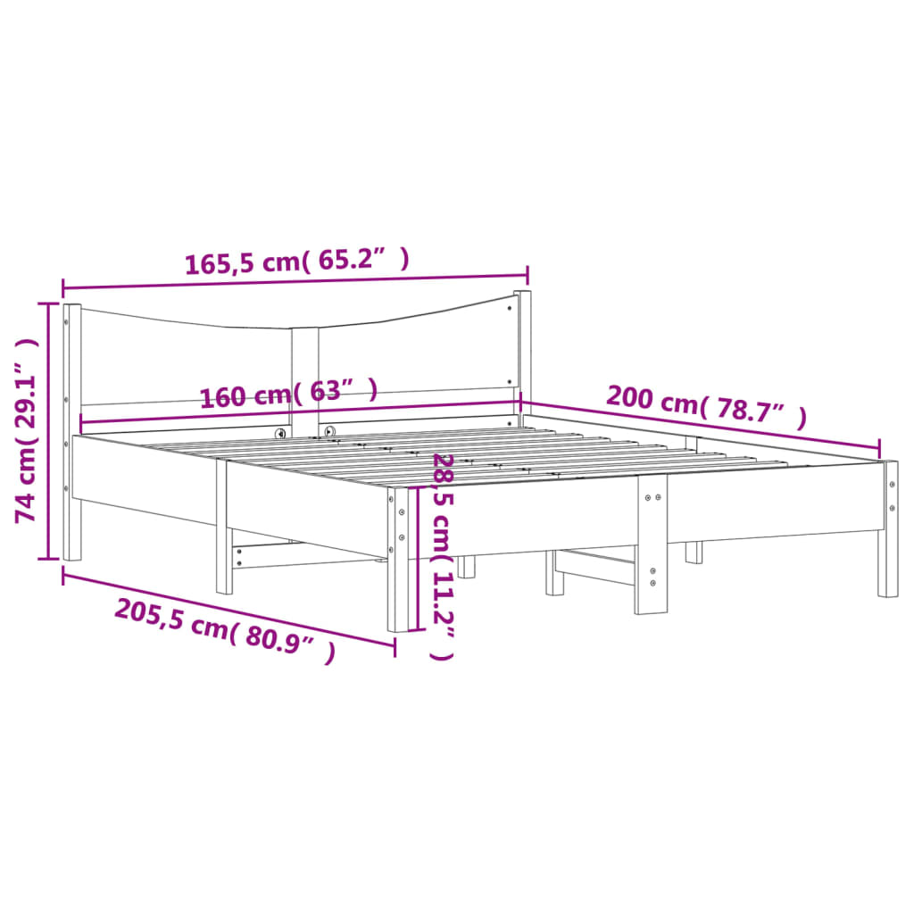 Sängram utan madrass 160x200 cm massiv furu