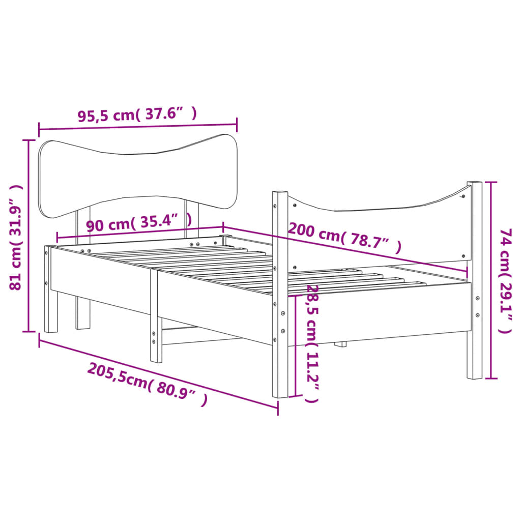 Sängram utan madrass vit 90x200 cm massiv furu