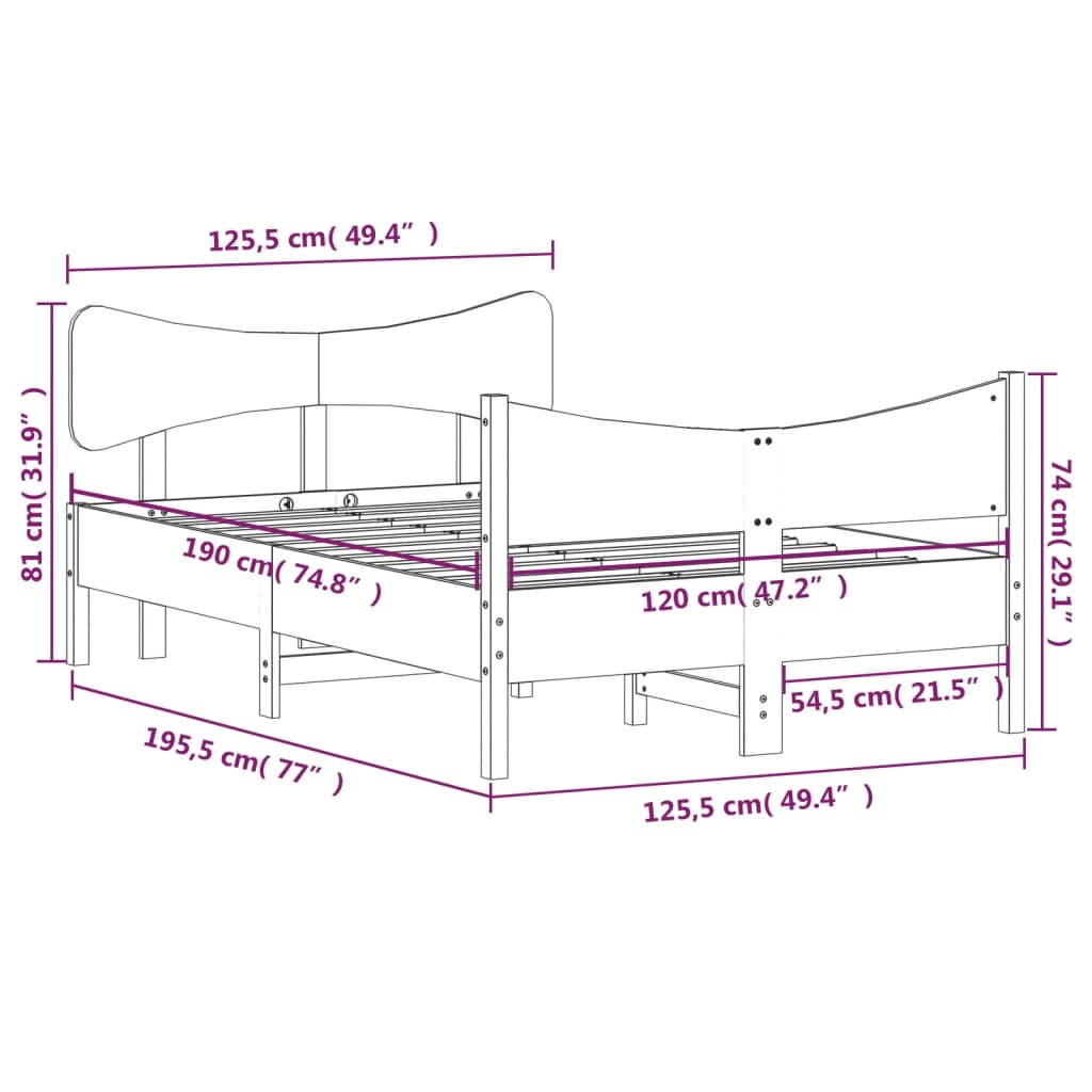 Sängram utan madrass 120x190 cm massiv furu