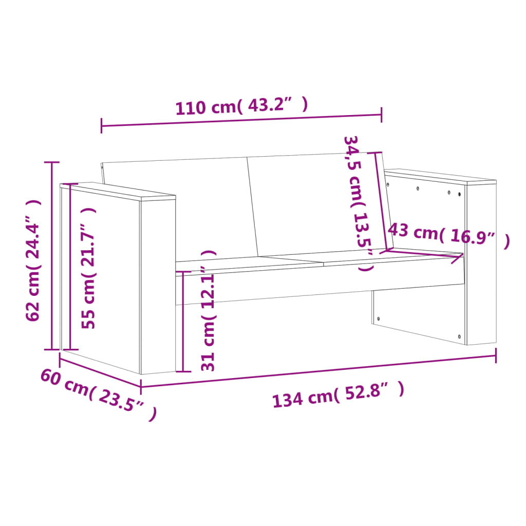 Trädgårdssoffa 2-sits 134x60x62 cm massiv furu