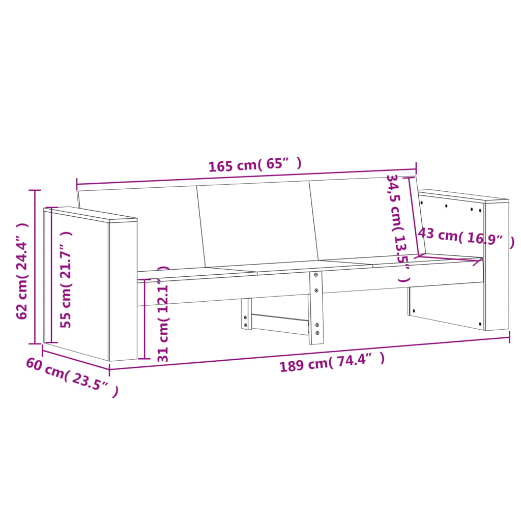 Trädgårdssoffa 3-sits vit 189x60x62 cm massiv furu