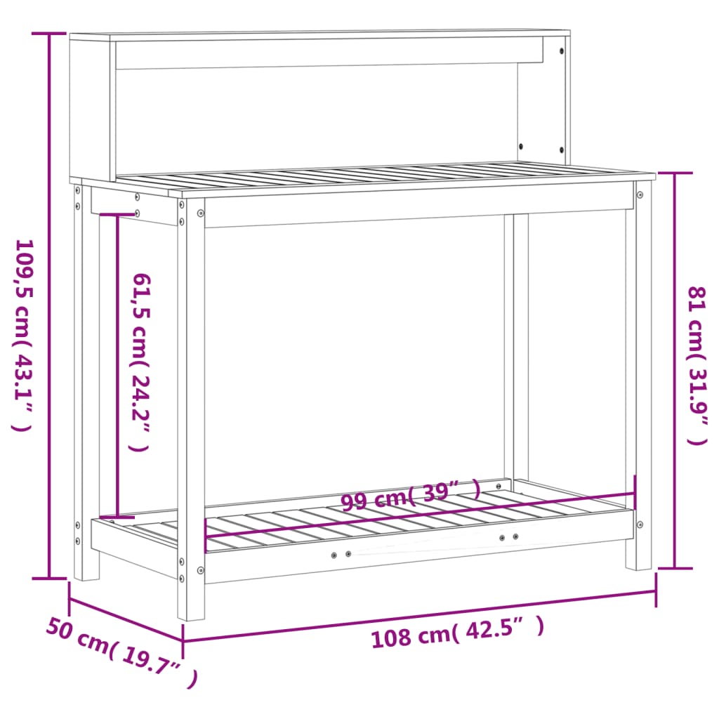 Växtbord med hylla 108x50x109,5 cm massiv furu