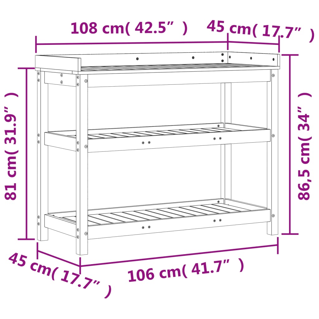 Växtbord med hylla 108x45x86,5 cm massiv furu