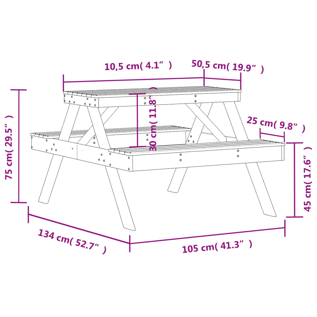 Picknickbord vit 105x134x75 cm massivt trä