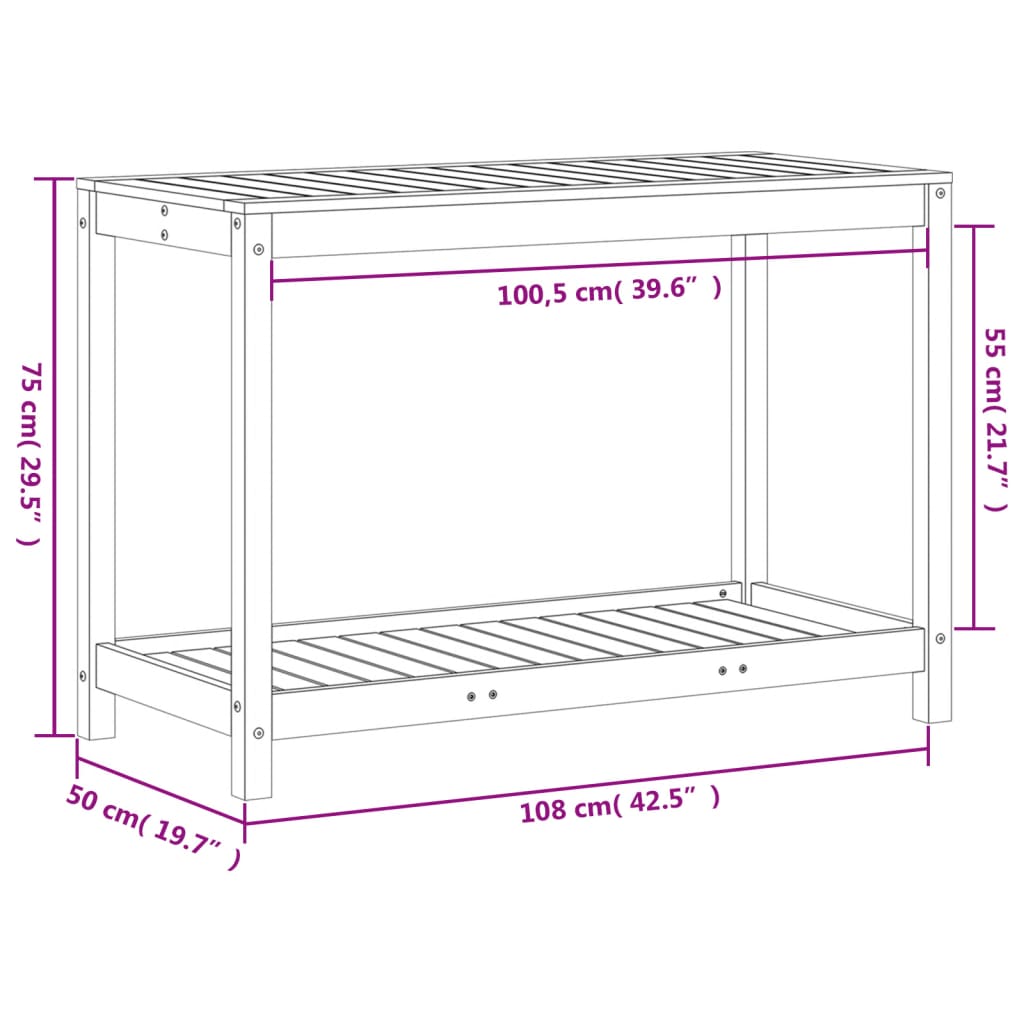 Växtbord med hylla vaxad brun 108x50x75 cm massiv furu