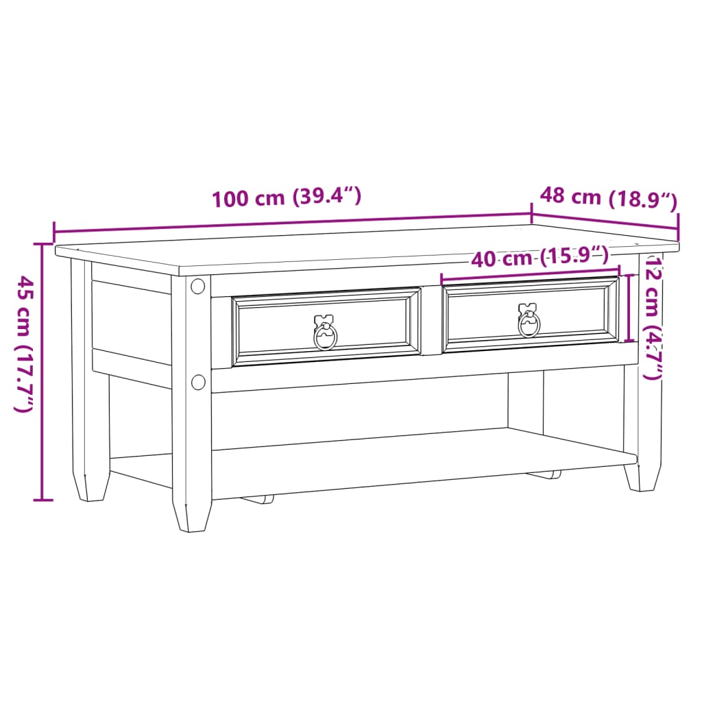 Soffbord med lådor Corona 100x48x45 cm massivt trä