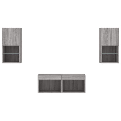 Väggmonterade tv-skåp 4 delar med LEDs grå sonoma