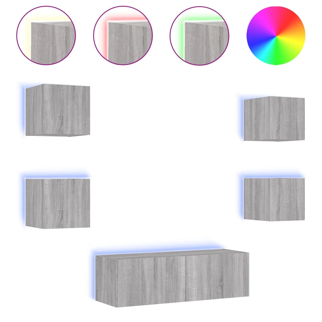 Väggmonterade tv-skåp 5 delar med LEDs grå sonoma
