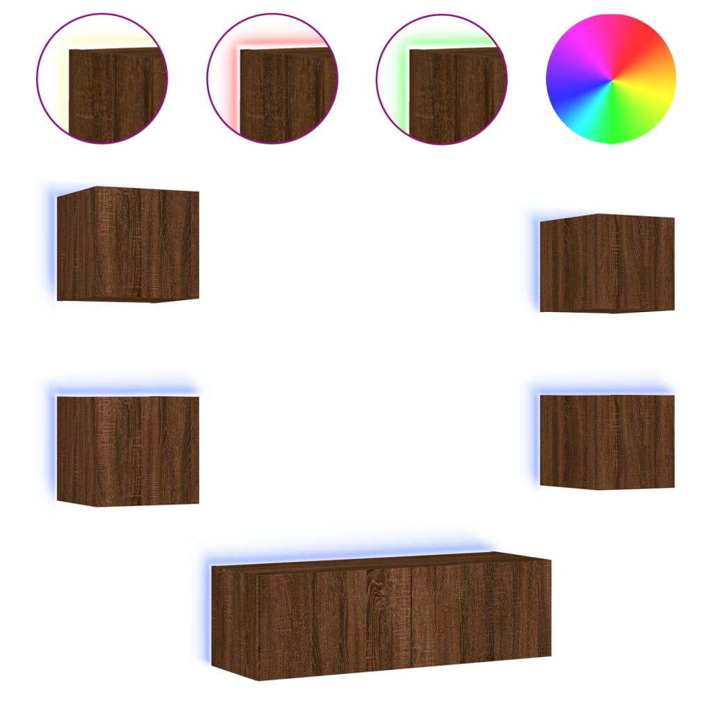 Väggmonterade tv-skåp 5 delar med LEDs brun ek