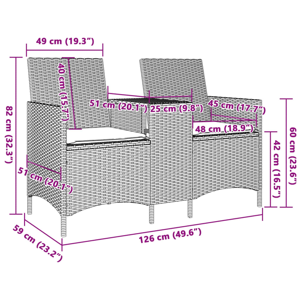 Trädgårdssoffa 2-sits med bord och dynor konstrotting beige