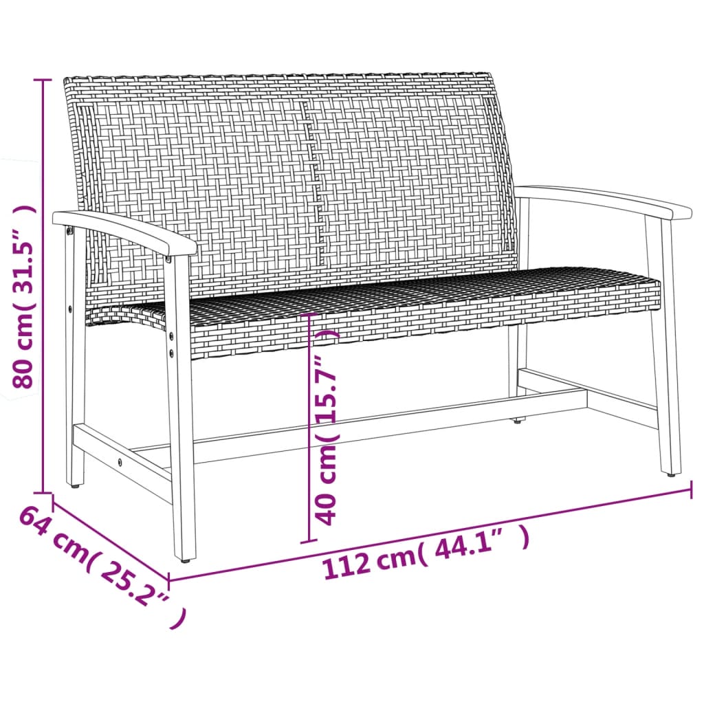 Trädgårdsbänk svart 112 cm konstrotting och massivt akaciaträ