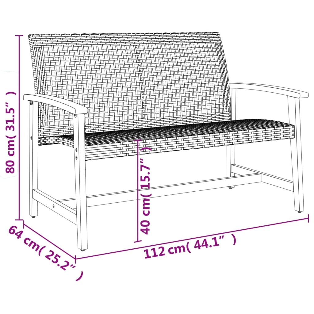 Trädgårdsbänk grå 112 cm konstrotting och massivt akaciaträ